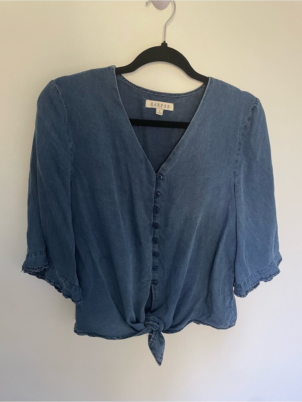 Harper Washed Denim-Blue Tie Front Button Shirt